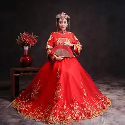 Невесты Cheongsam Винтаж китайский стиль свадебное платье ретро тост Костюмы Леди Вышивка Феникс брак Qipao красная одежда