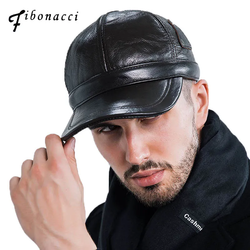 

Fibonacci Brand quality middle aged men's baseball cap protect ear triangular rivet cowhide leather dad autumn winter h