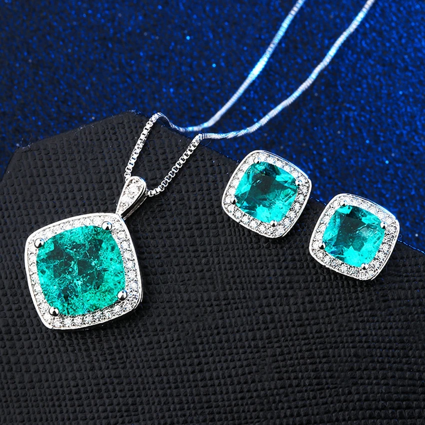 

Classic Square Green Blue Earring Necklace Set Cubic Zirconia Silver Color Metal Wedding Jewelry sets for Women