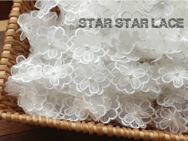 

50Pcs/Lot White organza embroidery fabric lace patch tassel lace trim clothes 3D Beading flower wedding dress diy applique