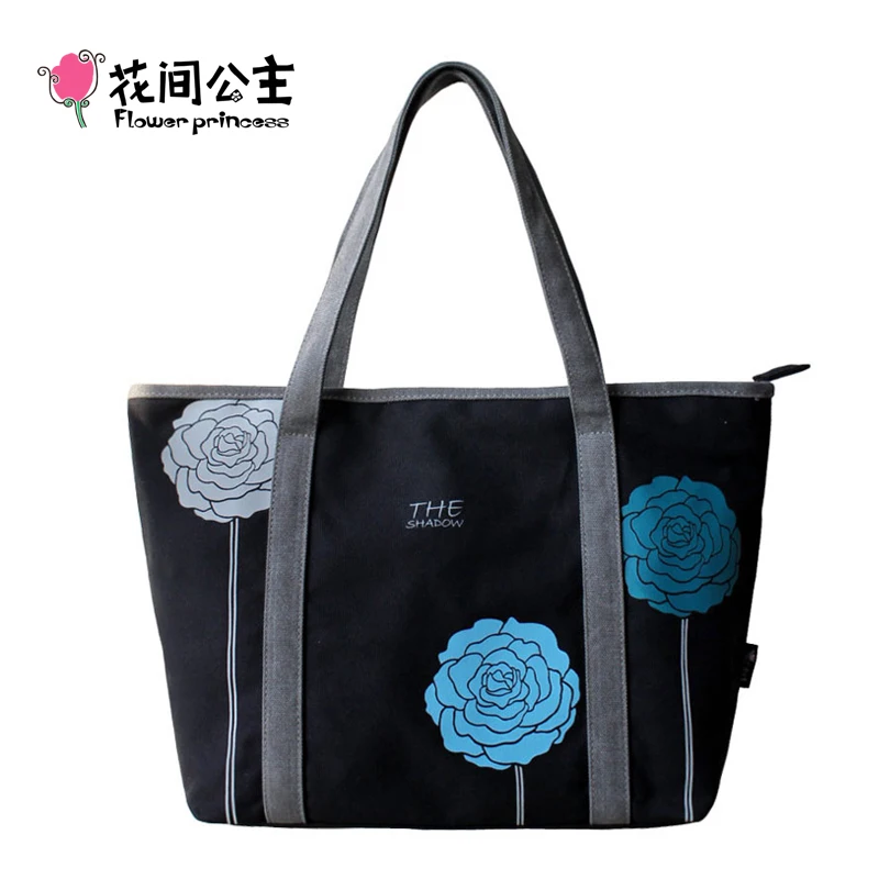 

Flower Princess Brand Women Canvas Black Tote Bags Winter Ladies Tricolor Flowers Shoulder Bag Girls Fashion School Hand Bags