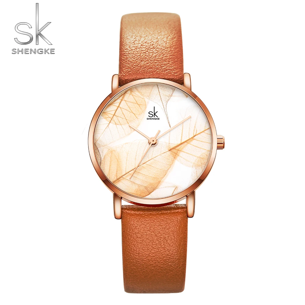

Shengke New Women Watches Creative Leaves Dial Bright Leather Strap Quartz Clock Fashion Casual Ladies Wristwatches Montre Femme