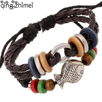 

Handmade Leather Weave Chain Metal Fish Female Charm Bracelets New Fashion Snake Chain Jewelry Travel Bracelet For Women