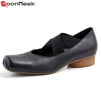 

MoonMeek 2020 fashion spring new shoes woman square toe genuine leather shoes med heels mary janes shoes big size 34-40