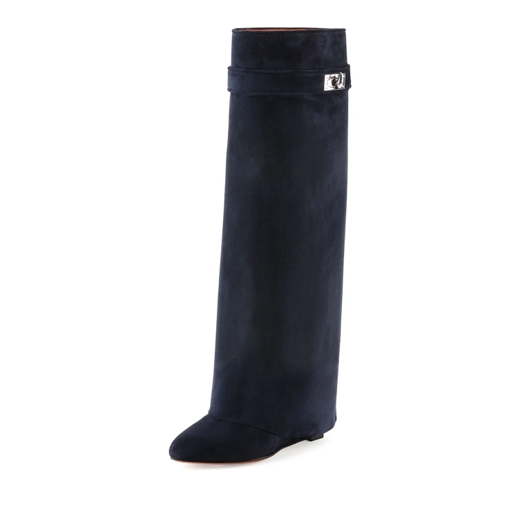 F-M; Серебристые сапоги до колена с металлическим замком «Акула»; женские дизайнерские кожаные сапоги на танкетке с острым носком; женская обувь на высоком каблуке