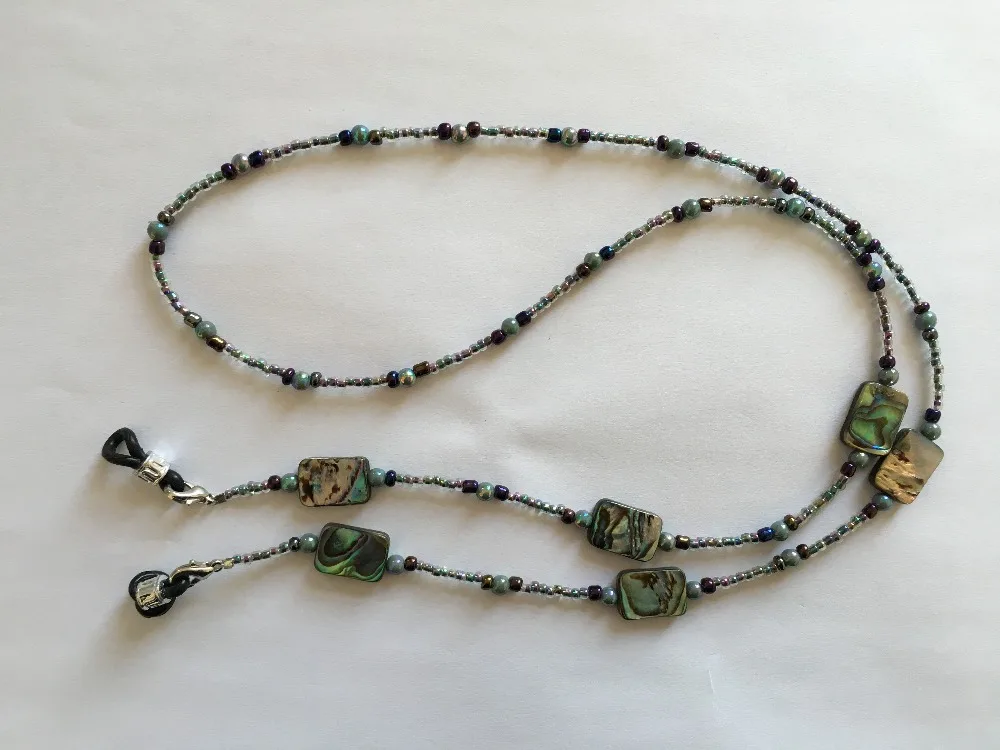 decorative polished abalone seashell and glass seed bead eyeglass chain