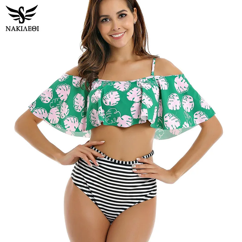 

NAKIAEOI High Waist Swimsuit Push Up Swimwear 2019 New Sexy Bikinis Women Flower Print Ruffle Bikini Set Beach Wear Bathing Suit