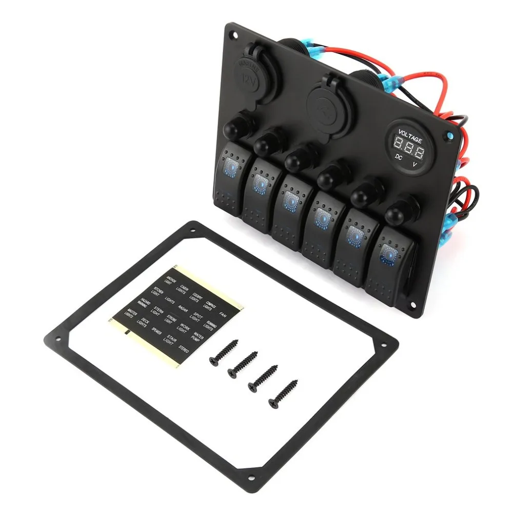 

6 Gang Car Marine Boat LED Switch Panel Waterproof Rocker Switch Control with Digital Voltmeter Dual USB Charger