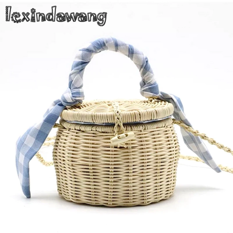 

Bucket Basket Rattan Bags Scarf decorate Rural Countryside Girls Summer Beach Bags Children Wicker Woven Mini Portable Handbag