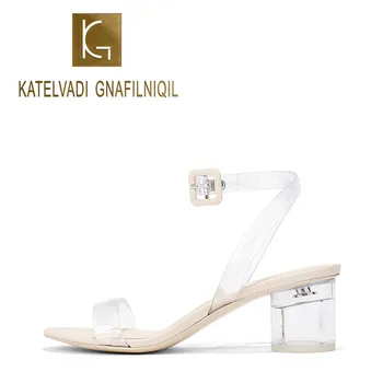 

KATELVADI Women Sandals Summer Transparent PVC Fashion 5CM High Heels Shoes Female Round Heel Ladies Sandals Size 34-40 K-368