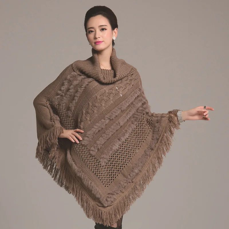 

Fashion Autumn Winter Women Sweater Cape Fur Turtleneck Tassels Knitted Woman Shawl Pullovers Casual women Coat Female Clothing