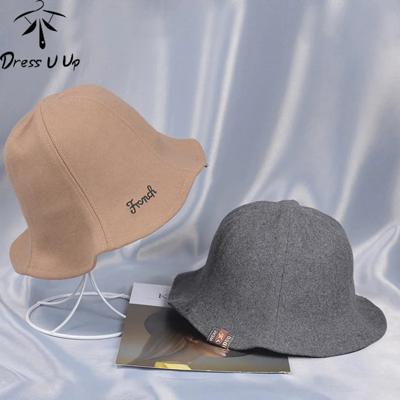 

DRESSUUP Female Winter Wool Bucket Hat Vintage Letter Womens Fedoras Felt Hats Fashion Sombrero Fedora Wool Hat