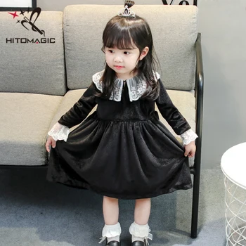 

HITOMAGIC Girls Dresses For Kids Baby Girl Clothes Princess 2018 Autumn Winter For Wedding Party Black With Lace Velvet Brand