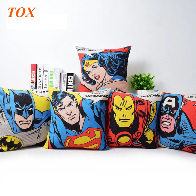 

Super Man Hero Pop Art Cartoon Cushion Cover Captain America Superman Iron Man Batman Sofa Chair Decorative Linen Pillow Case