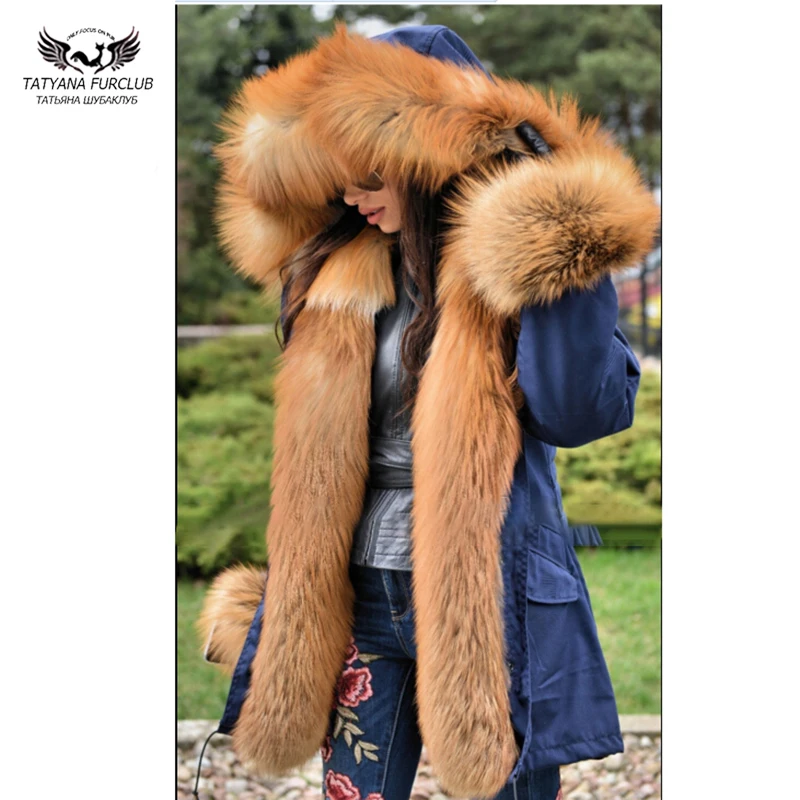 

Tatyana Fashion Winter Real Fur Parka Women Luxury Natural Fox Collar Thick Trim Hood And Cuff Fur Jacket Long Parka Plus size