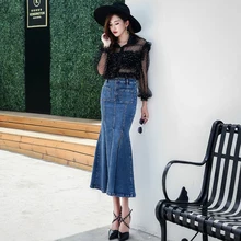 Спереди Разделение пикантные Для женщин джинсы Юбки Лето Рваные Джинсы Юбки Для женщин S Джинсовые Юбки Высокая эластичность синие джинсы русалка юбка