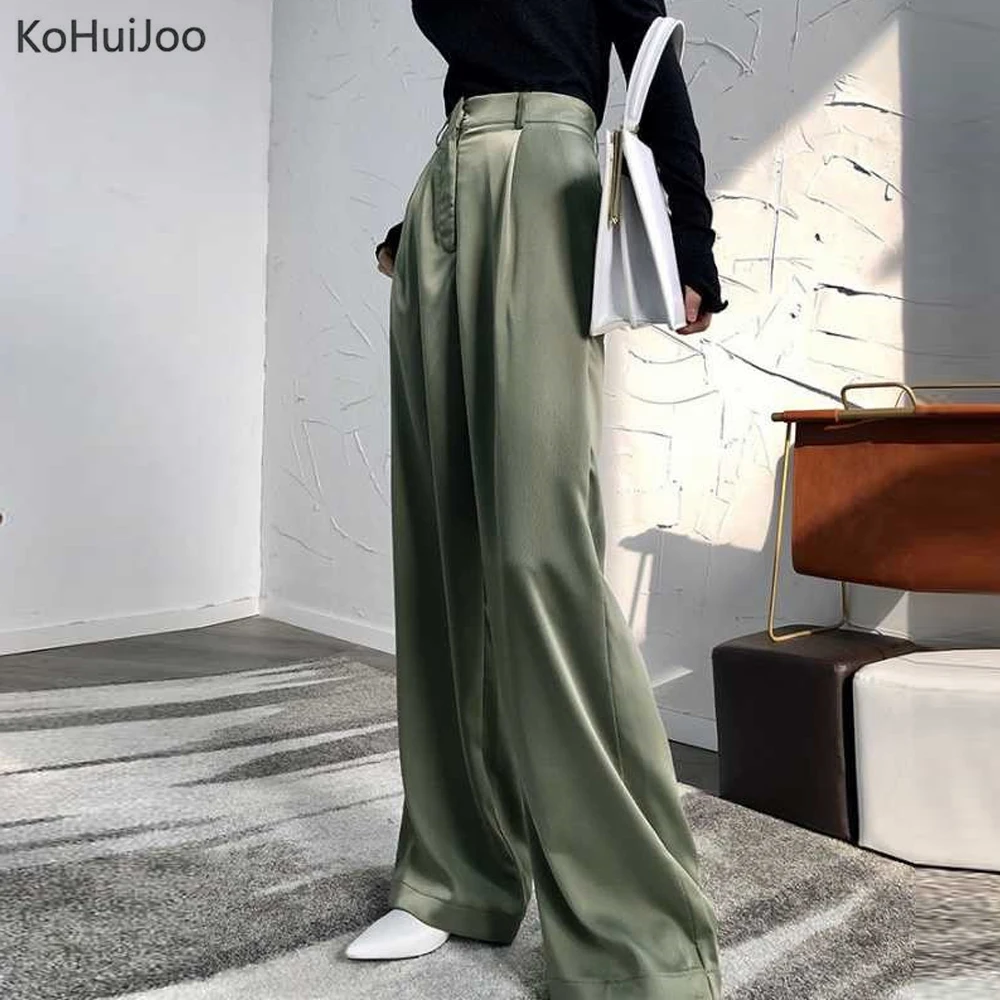 KoHuiJoo женские атласные брюки с зеленым ремнем, модные, высокая талия, широкие брюки, женские летние свободные брюки палаццо, офисная одежда - Цвет: Зеленый