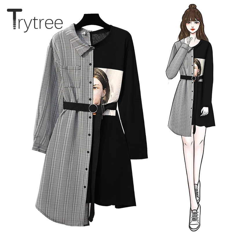Trytree 2020 осеннее женское платье повседневное лоскутное с пуговицами и принтом