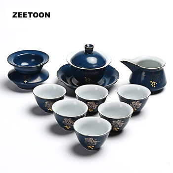 

Zen Japanese Style Creative Vintage Kung Fu Tea Set Ru Kiln Hand Painted Teapot Gaiwan Teacups Tea Sea Tea Strainers Pot Holder