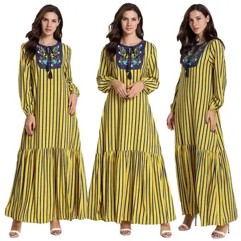 

Women Striped Long Sleeve Dress Embroidery Kaftan Abaya Muslim Jilbab Arab Robes Gown Long Sleeve Dress Patchwork Dubai Fashion