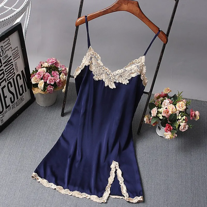Sexy Sling Nightgown Female Satin Womens Nightgown Sleepwear Sexy Lace Sleeping Dress Women Embroidery Plus Size Nightwear 49