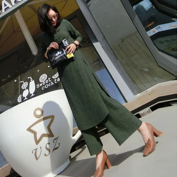 

Tracksuits New Arrival Full 2018 Spring New Women's Suit Wide Leg Pants Two-piece Knit Large Size Gown Solid Color Loose Female
