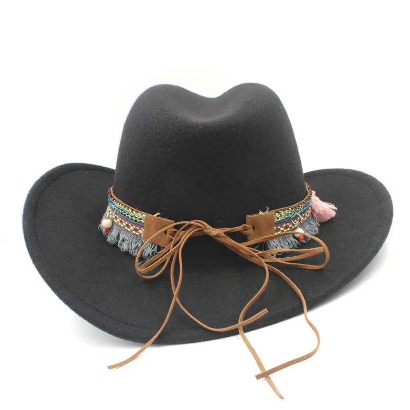 Child Wool Hollow Western Cowboy Hat With Tassel Belt Kids Girl Jazz Hat Cowgirl Sombrero Cap Size 52-54CM For 4-8 Years