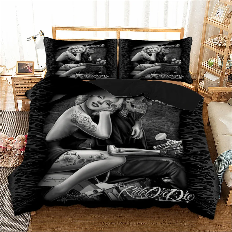 3d Marilyn Monroe skull Motorcycle Bedding set Duvet Cover Bed Set Twin queen king size home textile