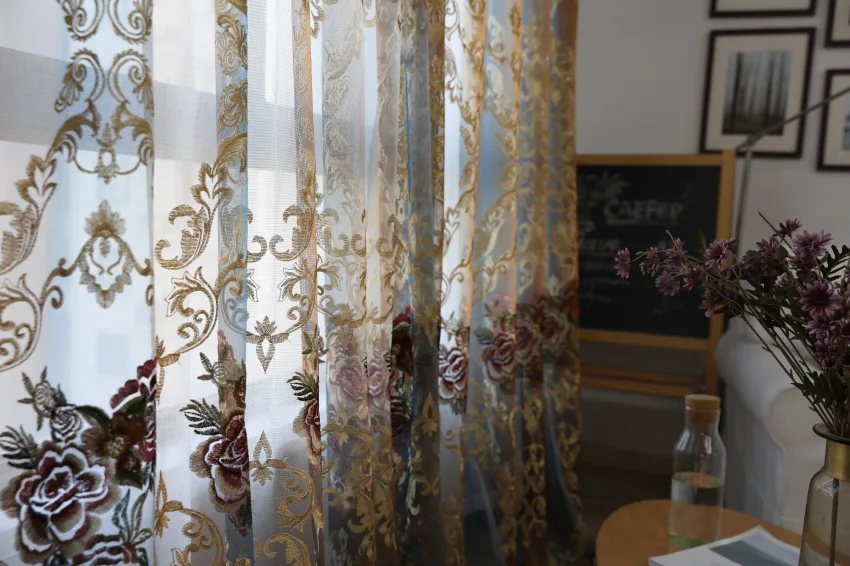 Европейский вышивка цветочные со стеклом пряжи Спальня Гостиная балкон развевающиеся окна занавеска с кружевом закончил затенения Шторы