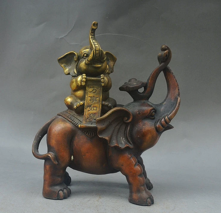 

8" China FengShui Bronze Gilt Wealth Lucky Jixiang Elephant Carry Ruyi Statue