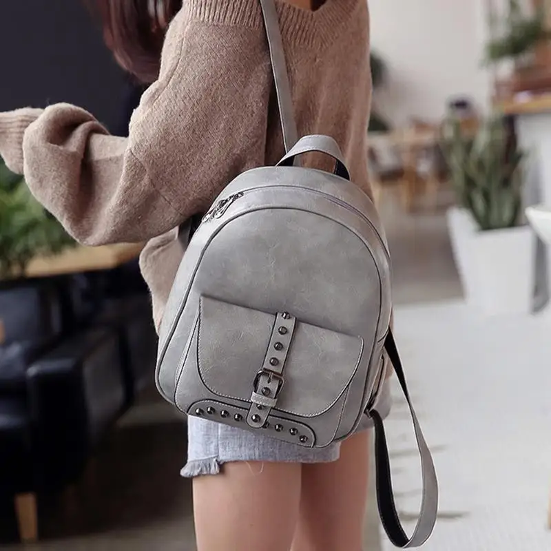 Mochila De 3 unids con remaches para mujer, con solapa sólida, bolsillo, cremallera, Casual, compuesta, Mochila de cuero para adolescentes, Mochila femenina, saco a dos mujeres