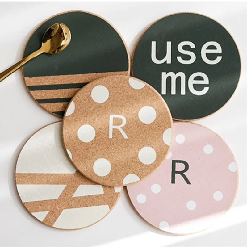 

Nordic Style Round Cork Cup Mat English Geometric Pattern Drink Coasters Heat Insulation Pot Holder Mats for Coffee Table Decor
