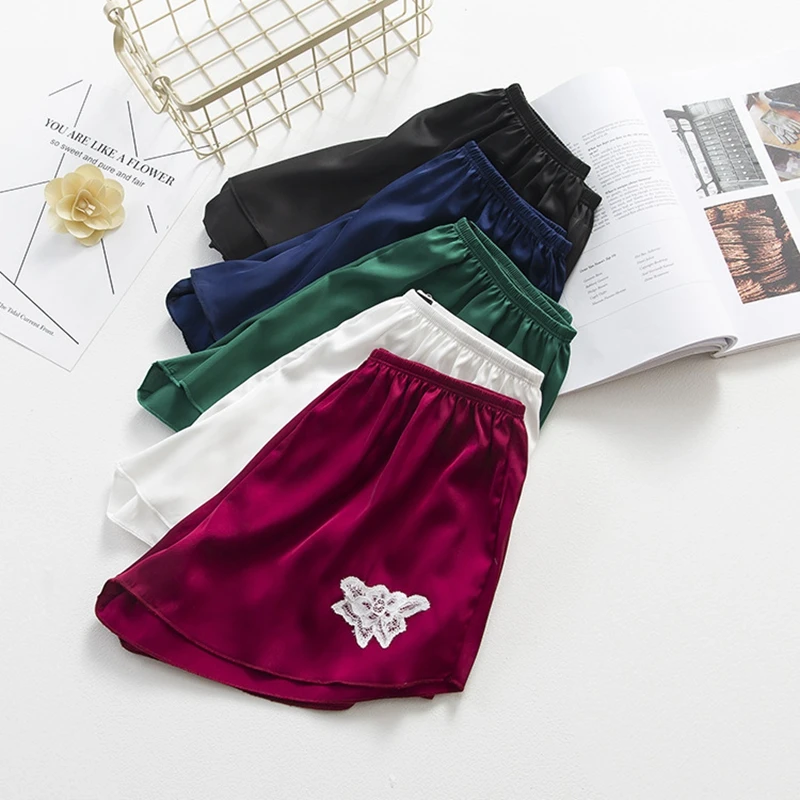 

lady low waist soft breathable silk shorts women home casual poplin floral lace short pant embroidery flower black white capris