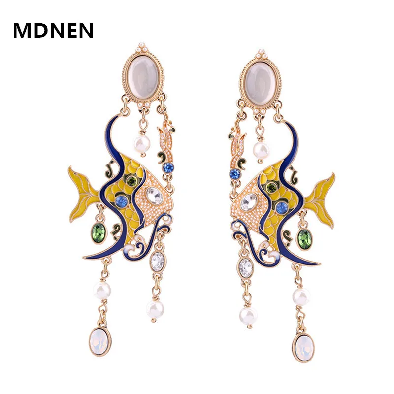 

MDNEN Women Brilliant Fish Crystal Gem Pendientes Drop/Dangle Enamel Glaze Pearl Earrings Jewelry