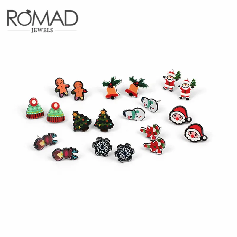

ROMAD Cute Cartoon Santa Claus Snowman Stud Earrings for Women Christmas Tree Bell Crutch Earrings Xmas Gift Fashion Jewelry R3