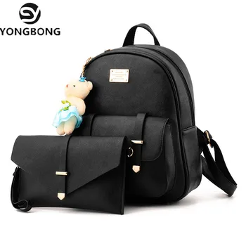 

YONGBONG 2 Pcs/Set Fashion Simple Style Women Backpacks Leather School Bags Satchel Brand Design Female Backpack Rucksack Youth