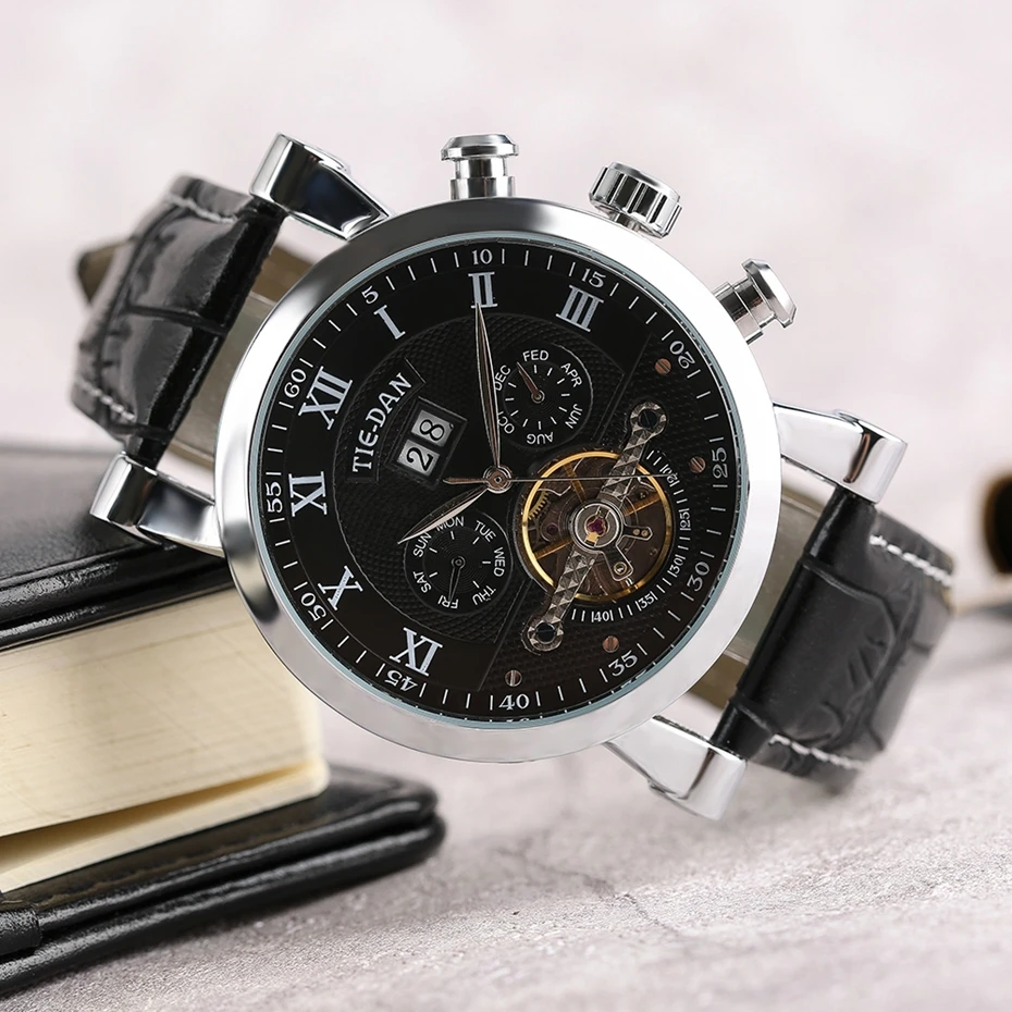 Men's Tourbillon Mechanical Watch Luxury Business Self-Winding Wrist Watch Trendy Genuine Leather Fashion New Time Date Display Best Christmas GiftS for Men Male (9)