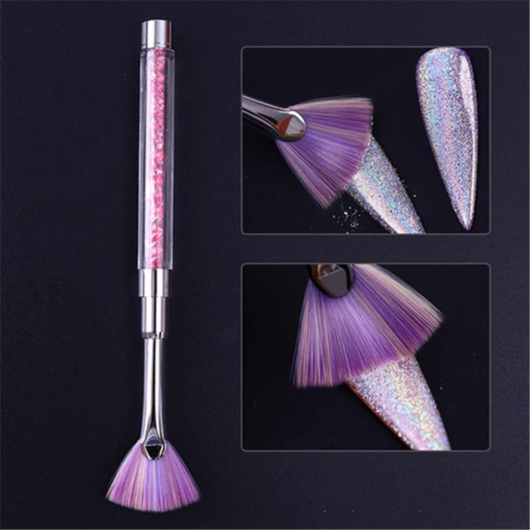 

1Pc Nail Art Brush Liner Gradient Fan Shape Pink Rhinestone Handle Dust Glitter Powder Remover Pen 3D Painting Gel Nail Brush