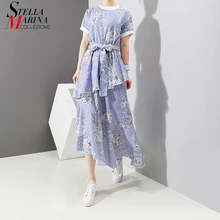 Новинка, дизайнерское летнее женское синее платье-туника в полоску с ремнем и в стиле "пин-ап", женское милое летнее платье с коротким рукавом и с цветочным принтом, 3423