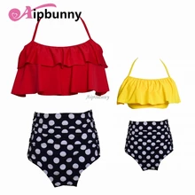 Sexy Dot Printed High Waist Ruffle Parent-Child Swimsuit Women Flouncing Halter Bikini Set Girl Mujer Swimwear Kids Beach Suit cute halter zig zag flouncing bikini set for women