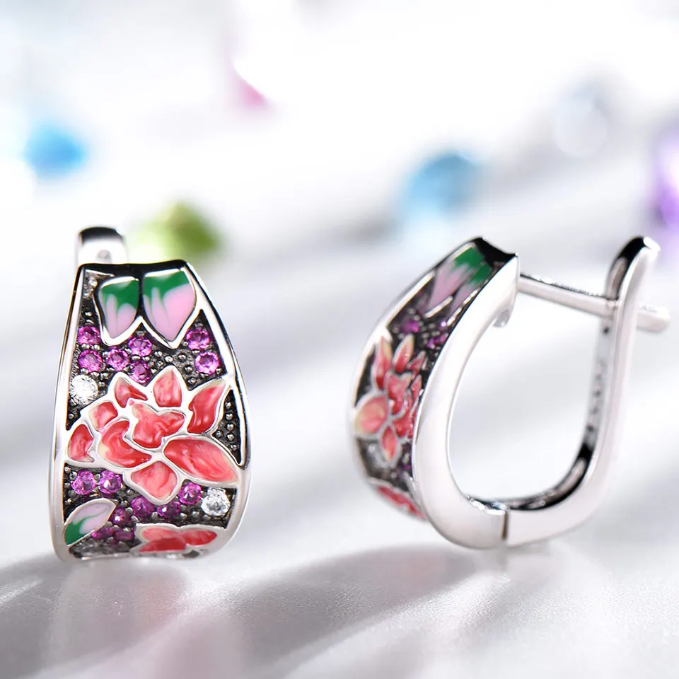 Cena UMCHO Handmade emalia ciemnoczerwony klipsy dla kobiet srebro 925 biżuteria Party prezent ślubny 925 srebro Fine Jewelry