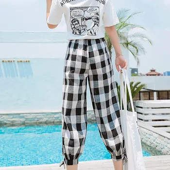 

Korean Style Women's Casual Loose Plaid Print Lace Up High Waist Long Harem Pants
