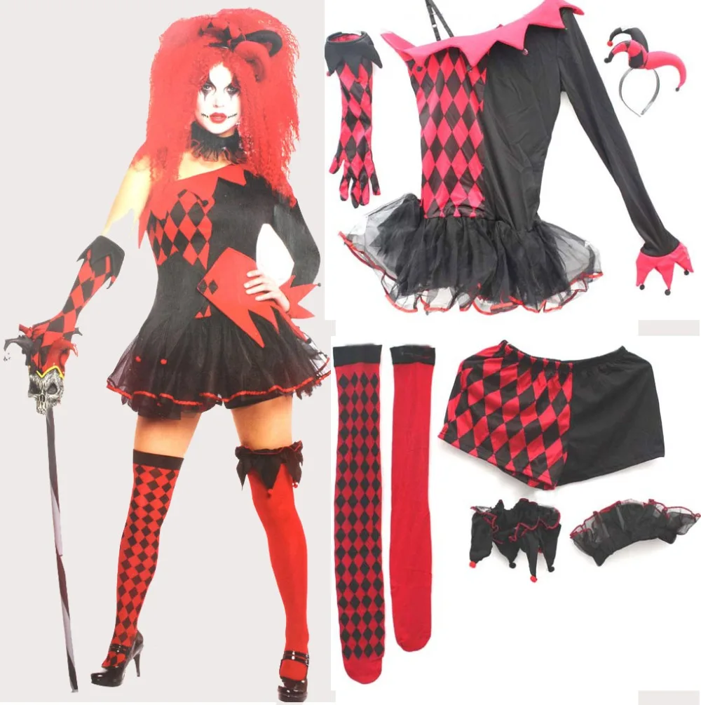 

Free shipping,halloween party cosplay adult women red devil Jesterina clown costume dress pants headband gloves stocking