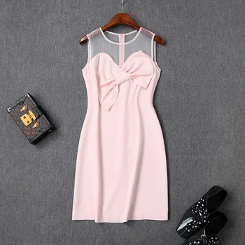 

Mini Dress Summer Women 2019 New Organza Patchwork Bow Perspective Round Neck Sleeveless Slim Pink Tank Dress Above The Knees