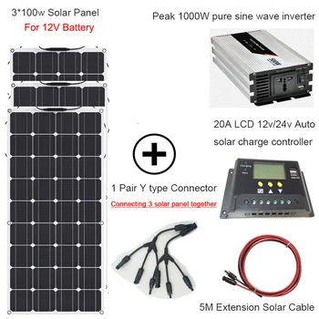

300w DIY kit solar system home 100w solar panel cell module 110v 220v 500w inverter 12v/24v/20A lcd solar controller cable
