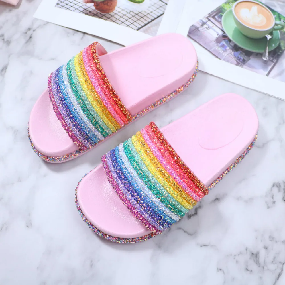 Mules Women Rainbow Slippers Glitter Slides Women's Summer Shoes Bling Slippers Women Fashion Beach Flip Flops Shoe Woman