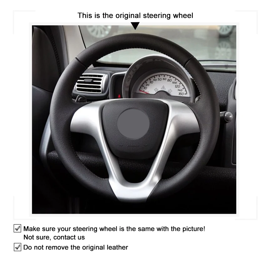 Hand-stitched Black Genuine Leather Car Steering Wheel Cover for Smart Fortwo 2009-2013 Smart Forjeremy 2013