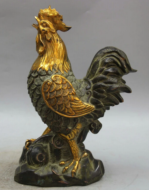 

S6013 12" China Bronze Gild Wealth Fengshui Zodiac Year Rooster Cock Statue Sculpture D0318