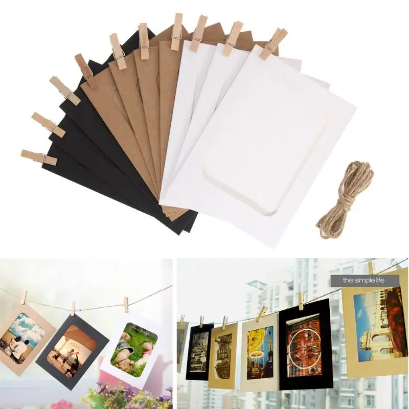 10 Pcs Paper Frame with Clips and Rope 6'' Combination Wall Photo Frame DIY Hanging Picture