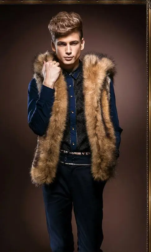 Стиль без рукавов с капюшоном Дизайн Повседневная Толстая Теплая мужская жилетка из искусственного меха модная зимняя уличная шуба